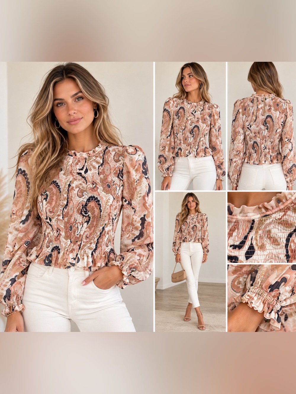 Wilfred Aritzia Paisley Smocked Peplum Blouse Puff Sleeve